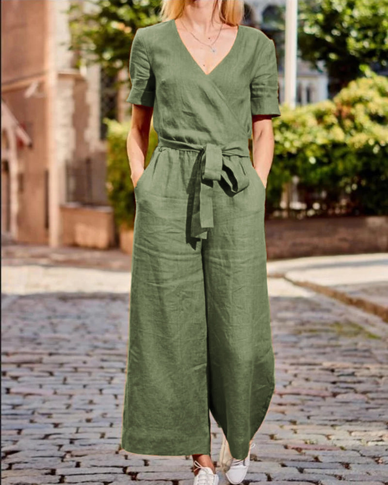 Esther - Linnen Jumpsuit Met Riem En Korte Mouwen