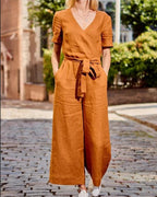 Esther - Linnen Jumpsuit Met Riem En Korte Mouwen