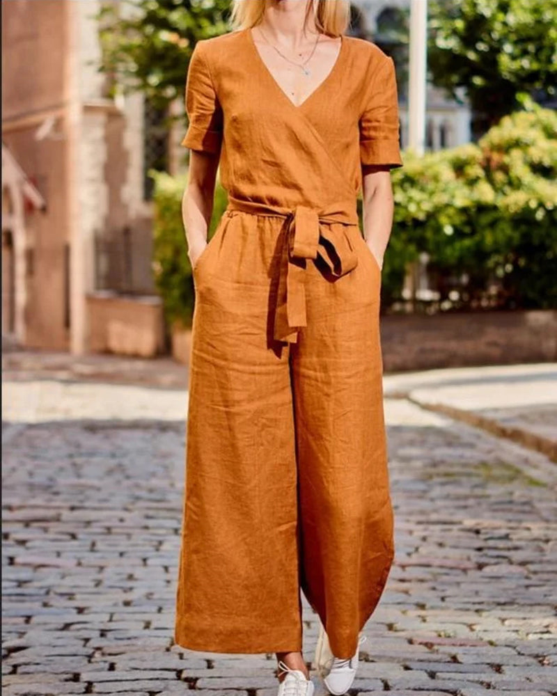 Esther - Linnen Jumpsuit Met Riem En Korte Mouwen